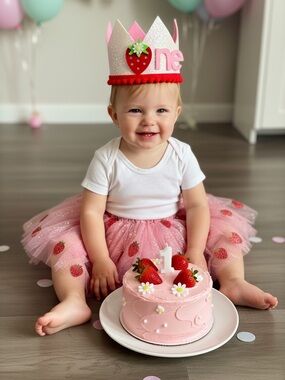 Pink and White Sparkle Strawberry 1st Birthday Crown
